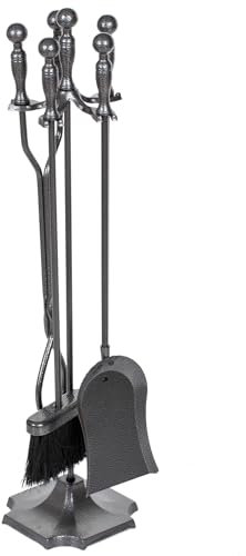NALONE 5 Stück Kaminwerkzeuge Set, Schmiedeeisen mit Silbermuster Kaminzubehör Set mit Schürhaken, Zange, Schaufel, Bürste, Feuerplatzwerkzeuge Indoor Outdoor (Grau)