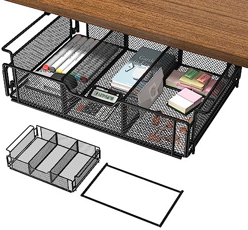 ADWOLT Under Desk Organizer with Hidden Storage Drawer, Under Desk Cable Management Tray with Space Divider Design, Slide-Out Heavy Duty Drawer for Home Office, School, Kitchen & Living Room