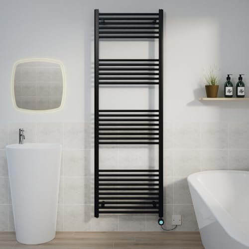 Warmehaus Black Electric Heated Towel Rail Straight Thermostatic Bathroom Towel Radiator with Timer - 1800x600mm 800W