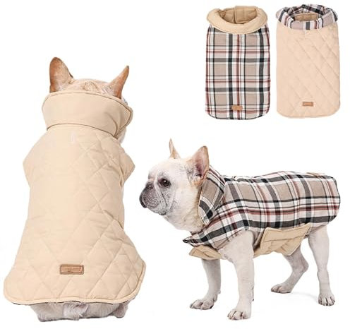 RUYICZB Hundemantel Winter, Hundejacke Für Kleine Mittlere Große Hunde, Wasserdicht Und Warm, Outdoor Mit Geschirr Loch Karierte Wendejacke, Beige, S