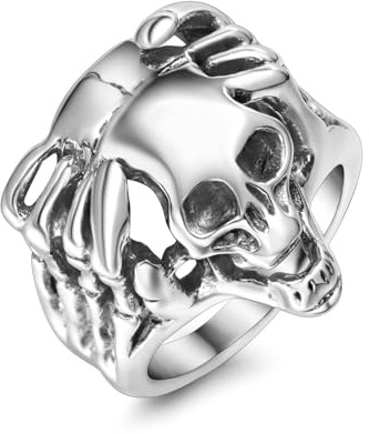 Ayoiow Herrenringe aus Edelstahl, kleiner Finger, 21,9 mm, silberfarben, Verlobungsring mit Totenkopf