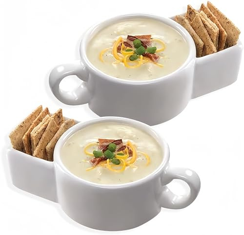 TIYOORTA 2Pack Ceramic Soup and Cracker Mug or Cereal Bowl by Kitchen Gadgets for Chips, Veggies, Dip,etc...