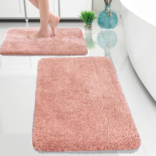 ARRITS Badezimmerteppich Set 2 Teilig, Badezimmermatte rutschfest Waschbar Flauschige Weich Mikrofaser Hochflor Badmatten, Saugfähige Duschteppich für Badewanne und Badezimmer (40x60cm+50x80cm, Rosa)