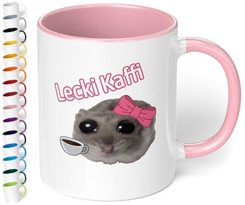 True Statements Lustige Keramik-Tasse „Lecki Kaffi“ - 330ml Kaffeebecher - berühmter Hamsti Hamster - pelziger Freund sorgt für gute Laune (Rosa)
