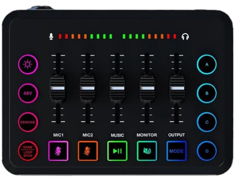 Junterone Mixer audio da 48 V, scheda audio, ricaricabile, interfaccia audio RGB con interfaccia XLR per microfono per podcast/registrazione, facile da usare e finiture accurate.