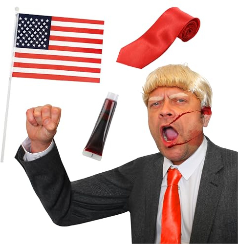 Juego de accesorios para adultos, peluca rubia, corbata roja, bandera de Estados Unidos, sangre falsa, disfraz de celebridad para adultos