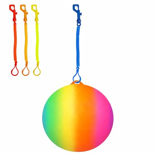 Navoys Neon Rainbow Ball with Keychain - 22cm Vibrant Rubber Beach Ball, Outdoor Playground Fun, Garden and Beach Games, Easy to Inflate
