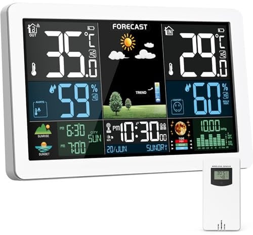 Stazione Meteo con Sensore Esterno, Display a Colori, Previsioni del Tempo, Temperatura, Umidità, Sveglia con Funzione Snooze, Pressione dell'aria, Uso Interno ed Esterno