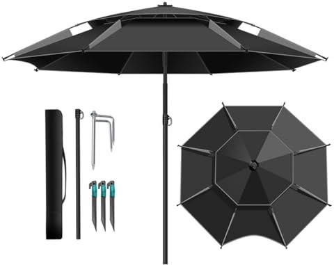 Groß Angelschirm Strandschirm Für Den Außenbereich Tragbar Strandmuschel Regenschirm mit Trage-Tasche Doppeldach Schirmzelt Gartenschirm(Black gray,220cm)