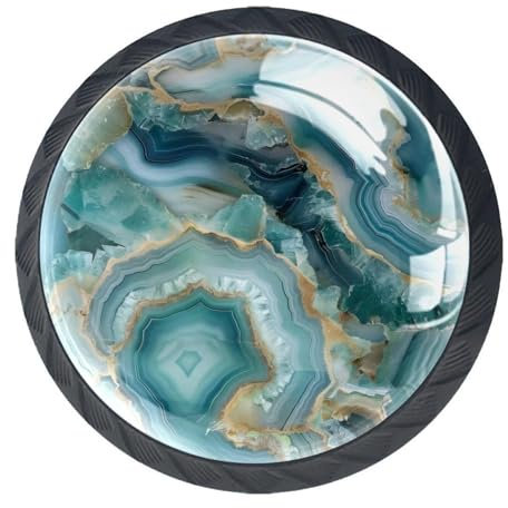 Anna Cowper 4 Pack Black Drawer Knobs, Teal Agate Pattern Cabinet Knobs Round Glass Knobs for Kitchen Cabinet Hardware Bathroom 35MM