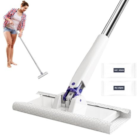 Sweepers Mop - Automatischer Tuchwechsel Mop | 2-in-1 Starter Kit - Wet & Dry Bodenwischer mit 360° Drehung | 2024 Neuer No-Touch Flachmopp mit Ersatz-Wischtücher zum Wischen von Böden