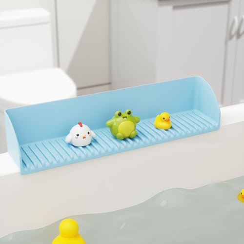 Roslim Bathtub Splash Guard for Tub - Silicone Water Splash Guard with 4 Suction Cups, Bath Toy Holder, Bathtub Play Shelf for Bathing, Bathtub Side Suction Tray, 1Pack, Blue