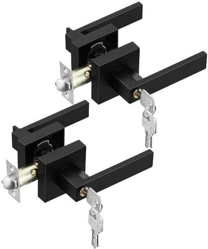 Yolispa Black Door Handles, 2 Pcs 3 Lever Door Lock with Key, Square Entry Door Handle with Turn and Release, for Bedroom, Bathroom, Front Door