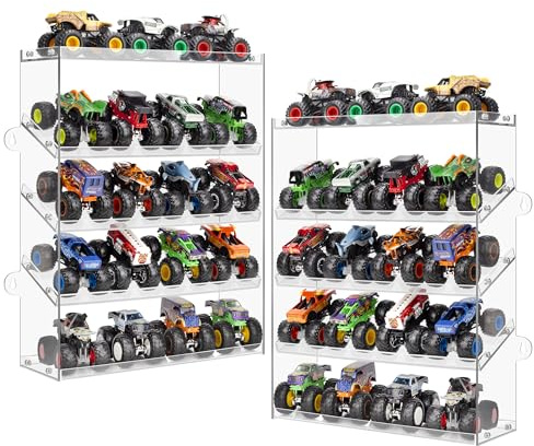 KISLANE Monster Trucks Schaukasten für 20 Monstertrucks, 5-stöckiger Acryl-Organizer mit schrägem Design, Schaukasten für Spielzeugautos (2 Stück, transparent)