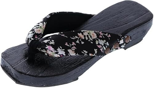 Kawaii-Story K-G-11-1 Sakura Blumen Holz schwarz Original Japan Geta Sandale Tabi Kimono Geisha Zehentrenner, schwarz