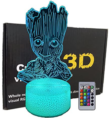 Diagwache Groot 3D Illusion Nachtlicht, LED Illusion Lampe, Smart Touch 7 Farben + 16 Farben wechselnd dimmbar, kreative Beleuchtung für Kinder und Groot Fans (Stützen Sie die Wangen)