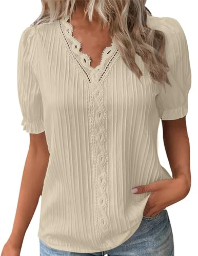 Linen Shirts for Women UK Casual Short Sleeve Puff Blouses Solid V Neck Loose Shirts Linen Tops for Women UK Lace Blouse Pullover Ladies Tees Plain Tops Blouse for Work Holiday Going Out (Beige, M)