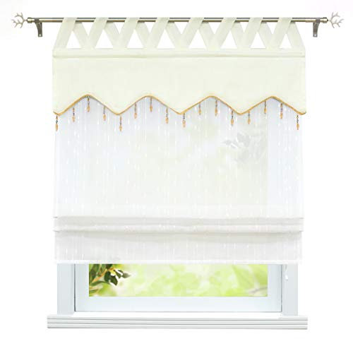Rollo mit Schlaufen, transparent, Küchengardine, Landhausstil, Schlaufenvorhang, Leinen, Beige, 45 x 140 cm, 1 Stück