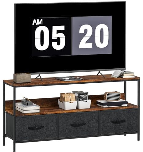 HOMCOM TV Stand Cabinet up to 55-inch, TV Unit with 3 Foldable Linen Drawers, Open Shelf for Living Room, Bedroom, Entertainment Room, Rustic Brown