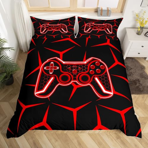 Homemissing Gamer Bettwäsche Set 135x200cm Kinder Gaming Bettbezug Set Jugendliche Spiel Controller Bettwäsche Geometrische Gamepad Rot Jungen Zimmer Dekor 2 Stück mit Reißverschluss