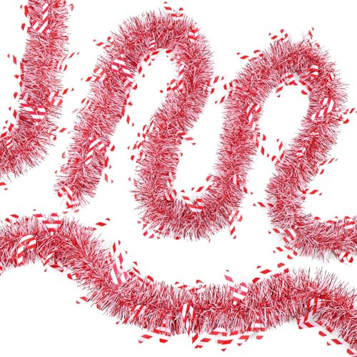 Calkkrer 5 Pieces 2m Candy Christmas Tinsel Garland, Shiny Red White Christmas Candy Cane Hanging Garland Decoration for Christmas Party Supplies Indoor Outdoor