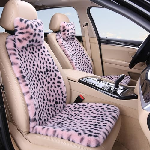 HPLWYM Plüsch Leopard Autositzbezüge für Vordersitze, Universal 6PC Weich Flauschig Auto Sitzbezüge mit 2 Nackenkissen, Autositzschoner Accessoires für Auto SUV LKWs, Sitzauflage Auto, Violett