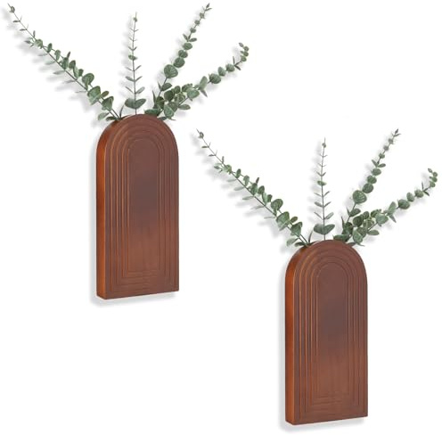 KAMJUNTAR Wood Wall Vase Set of 2 Wall Art Wood Wall Planter Indoor Modern Boho Hanging Decor for Entryway Living Room Bathroom Kitchen Decoration