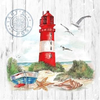 159754 Maritime Servietten mit Leuchtturm-Motiv, 33 x 33 cm, 20 Stück, Weiß mit Küstendesign