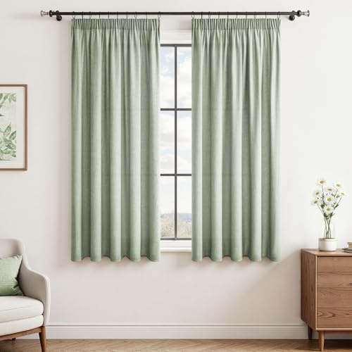 CUTEWIND Vorhang mit Kräuselband Leinen Gardinen Grün Kurz Fenster 2er Set 120 cm Hoch 140 cm Breit, Vorhang Halbtransparente Gardinen für Fenster Kurz Küche Wohnzimmer Schlafzimmer