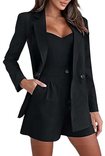 VgguDoe Hosenanzug Damen elegant 2 teiler mit kurzer Hose,Business Anzug Damen Set,Langarm Anzugjacke und Kurze Anzughose mit Tasche,Einfarbig Businessanzug Büro