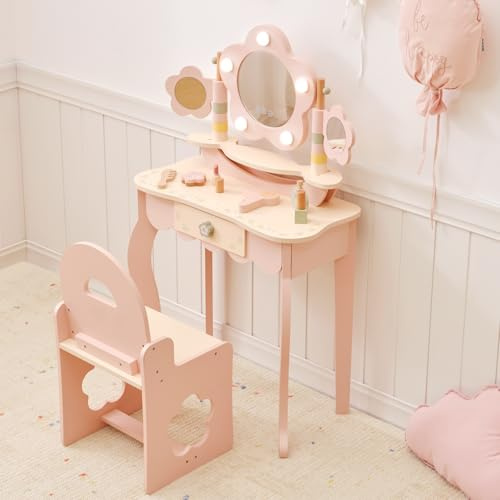 OOOK Schminktisch Kinder mit LED-Beleuchtung, Rosa Kinder Schminktisch mit Hocker und Spiegel, Frisiertisch aus Holz, Schminkkommode für Mädchen ab 3 Jahre