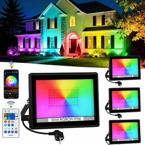 T-SUNUS Projecteur LED RGB Extérieur, Projecteurs 60W RGB Avec Télécommande, Commande Via Application Bluetooth, IP66 Etanche, Minuteur pour Halloween Noël et Autres Fêtes, 4 Pièces