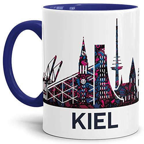 Kiel-Tasse Skyline - Kaffeetasse/Silhouette/Souvenir/Städte-Tasse/Mug/Cup/Becher/Beste Qualität - 25 Jahre Erfahrung - Innen & Henkel Dunkelblau