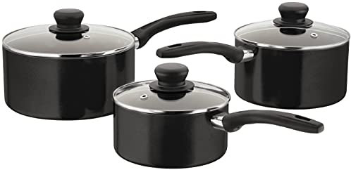 Judge Radiant JOMA1B Teflon Non-stick Saucepan Set, 16cm, 18cm & 20cm Pans, Glass Lids with Vent, Induction Ready, Oven Safe, Black