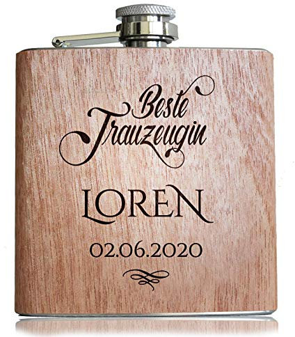 Pixelstudio Beste Trauzeugin Holz Flachmann mit persönlicher Namens Gravur & Datum | Geschenk Idee Hochzeit