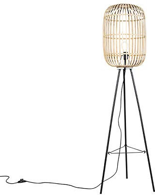 Qazqa - Landhaus I Vintage I Rustikal Ländliche Stehleuchte I Stehlampe I Standleuchte I Lampe I Leuchte schwarz mit Rattan - Manila I Wohnzimmer I Schlafzimmer - Länglich I Rund - LED geeignet E27