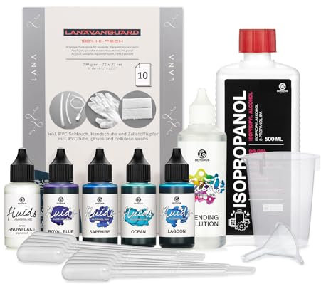 Octopus 5 x 30 ml Fluids Alcohol Ink Complete Kit BREEZE with Blending Solution, Alcohol Ink Paper and accessoreies for fluid art