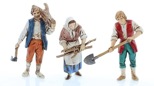 Moranduzzo Mann und Frau mit Holz und Mann mit Schaufel für Krippe 10 Cm Maßstab 1:20-Unzerstörbare Krippenfiguren-Stil 700',Handbemalt, Offizielles Produkt, Hergestellt in Italien, Bildhauer M. Landi
