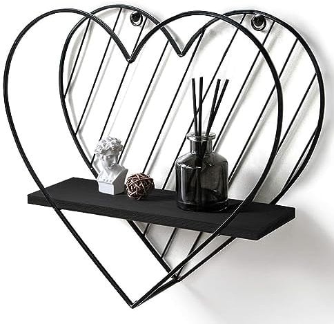 Afuly Wandregal Metall Schwarz Holz Schweberegale Herz Industrie Regal Wand Deko Schlafzimmer Badezimmer Family Geschenk 28X30 cm