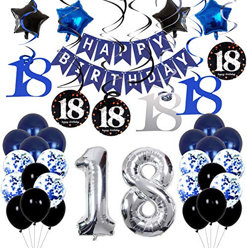 18. Geburtstag Junge Marineblau 18. Geburtstagsdeko Manner, Alles Gute zum Geburtstag Banner und Sternfolie Luftballons Blau Konfetti Luftballons 18. spiralen zum Aufhngen 18 Party Deko