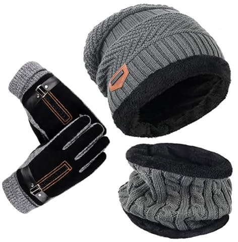 YULOONG Beanie Hut Schal Handschuhe Set Winter Strickmütze Halswärmer Touchscreen Fahrhandschuhe Unisex