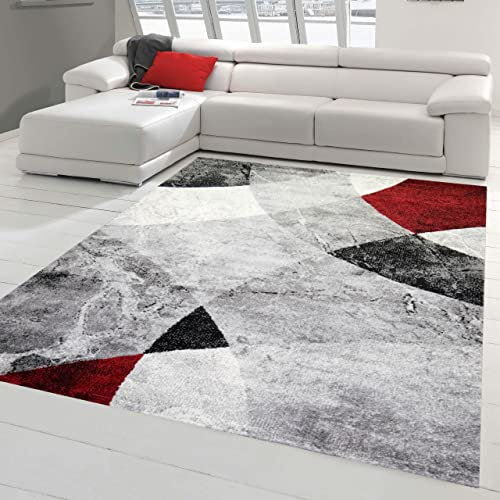 Moderner Wohnzimmer Teppich abstraktes Wellen Rauten Design marmoriert in rot grau - pflegeleicht Größe 120x170 cm