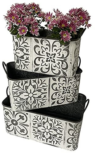 OF Zinkwannen, Blumentöpfe mit weißen Blumenmuster im Vintage Stil - Blumentopf, Blumenkasten klein bis groß (3er Set Klein, Mittel & Groß)