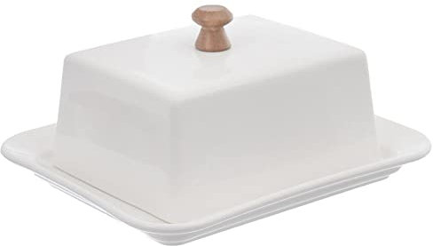 Orion - Butterdose mit deckel aus Weiß keramik Bambusholz - Butterschale - Butterdosen - Butter behälter dish - Butterglocke - Butterbehälter - Butterbox - Butterfass - Kräuterbutter 17 x 14 x 8,5 cm