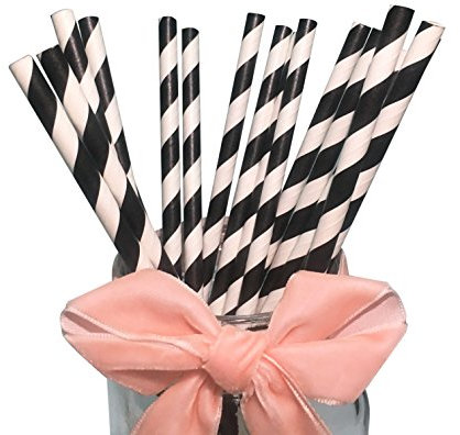 YYECO Black and White Paper Drinking Straws, Disposable Black Striped Paper Straws Biodegradable Cocktail Whisky Drinking Straws - Pack of 100