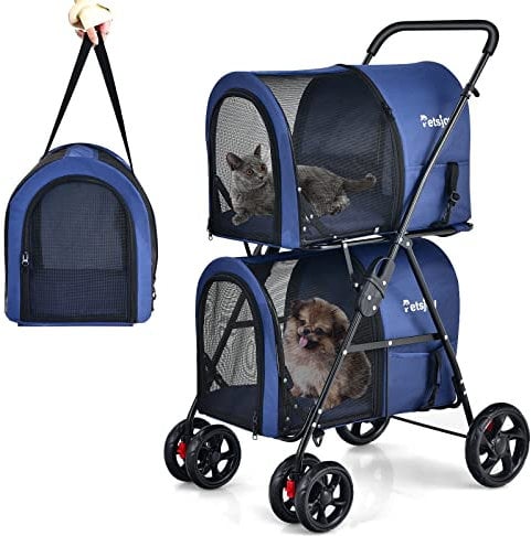 COSTWAY 2 Etagen Hundewagen Haustiere Buggy bis 16kg, Hundebuggy mit Netzfenstern & Getränkehalter & Anhänger, Katzenbuggy für 2 kleine Hunde Katzen (Blau)