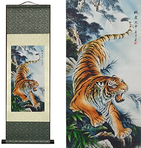 Rollbild aus Seide Asiatisch Wand Dekoration Seidenmalerei Tier - Abschreckungs Tiger - Tiger Macht Große Welt Schön Chinesische Kunstwandrolle Hängende Bildrolle Orientalisches Dekor(36.2x 12 Zoll)
