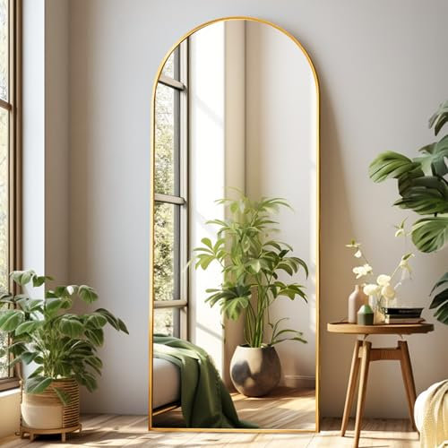 Dewfig Miroir pleine longueur arqué, 165,1 x 55,9 cm, grand miroir de sol avec support, miroir sur pied pour chambre à coucher, salon, dressing, cadre en alliage d'aluminium, doré