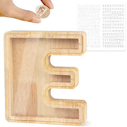 LEcylankEr Spardose Kinder Personalisierte A-Z Alphabet Sparbüchse Holz Spardose Dekoration Kreative groß Sparschwein als Geschenke für Geburtstag, Weihnachten und Thanksgiving (E)