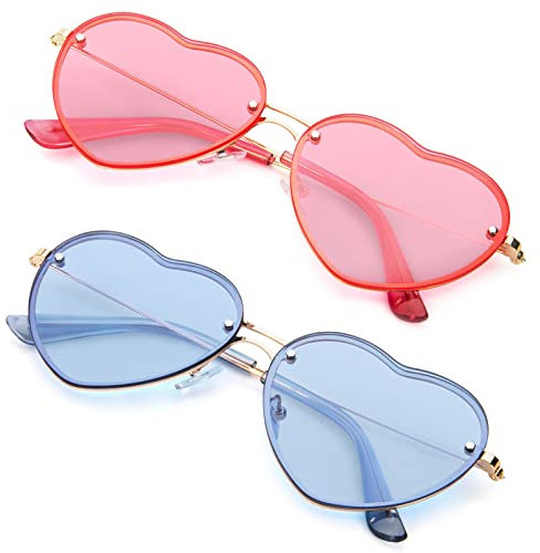 PARTY GO Herzform Sonnenbrille Frauen Mode Rimless Sonnenbrille UV400 Party Brille, Blau & Rosa, Medium
